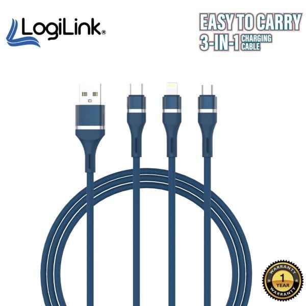 LOGILINK 3IN1 USB TO MICRO/TYPE C/IPHONE NYLON DATA CABLE 6A