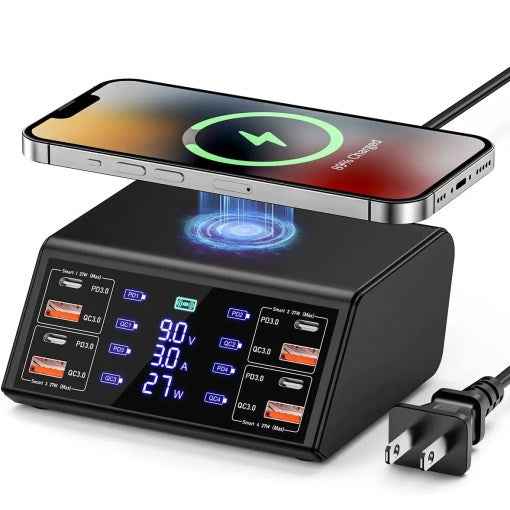 100W 8-PORT CHARGING STATION FOR MULTIPLE DEVICES WITH 4 USB QC 3.0+4 TYPE-C PD PORTS WIRELESS MULTI FAST CHARGING HUB