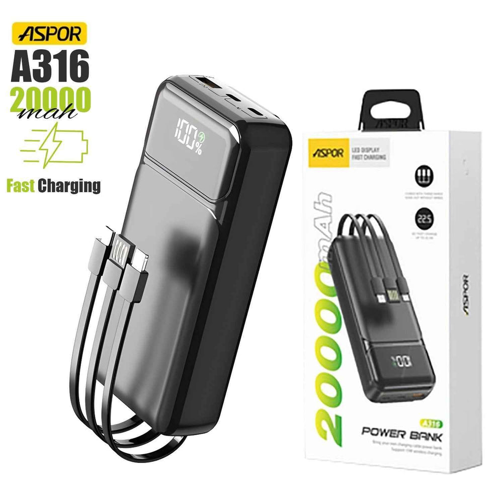 Aspor A316 20000mAh 22.5W high speed built‑in cable fast charging power bank
