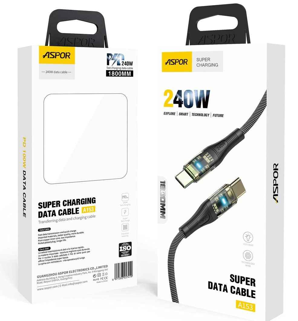 ASPOR A153 240W Type C to Type C PD Fast Charging DATA Cable 1.8M