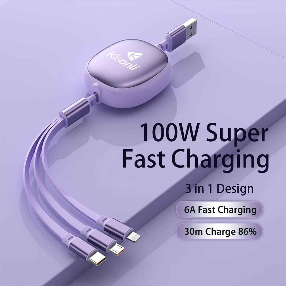 KISONLI 3-IN-1 MICRO USB TYPE-C  IPHONE CHARGER CABLE MULTIPLE  PORTS