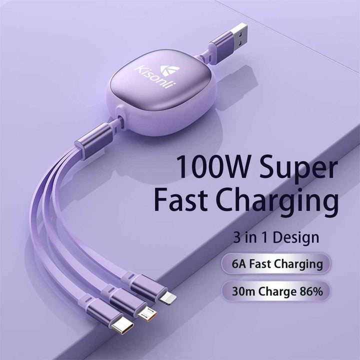 KISONLI 3-IN-1 MICRO USB TYPE-C  IPHONE CHARGER CABLE MULTIPLE  PORTS